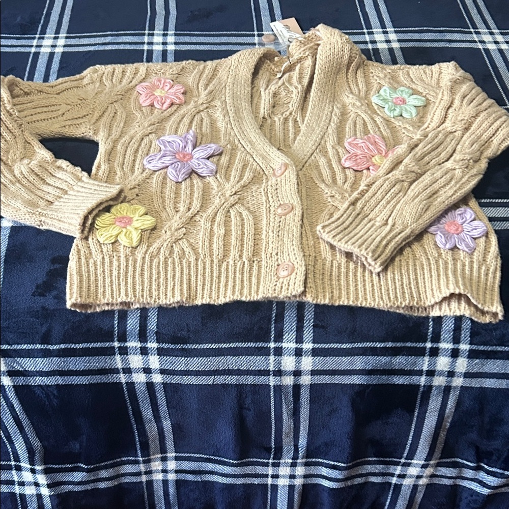 New In Very J Tan Cardigan with Floral Accents size medium nwt